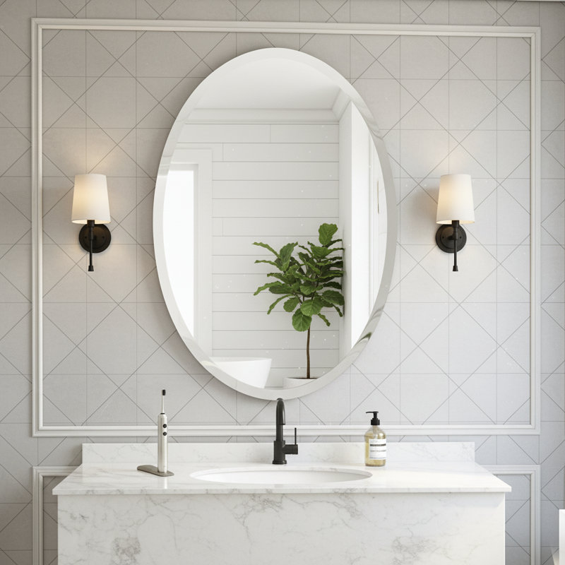 24" X 36" Frameless Oval Beveled Bathroom Wall Mirror