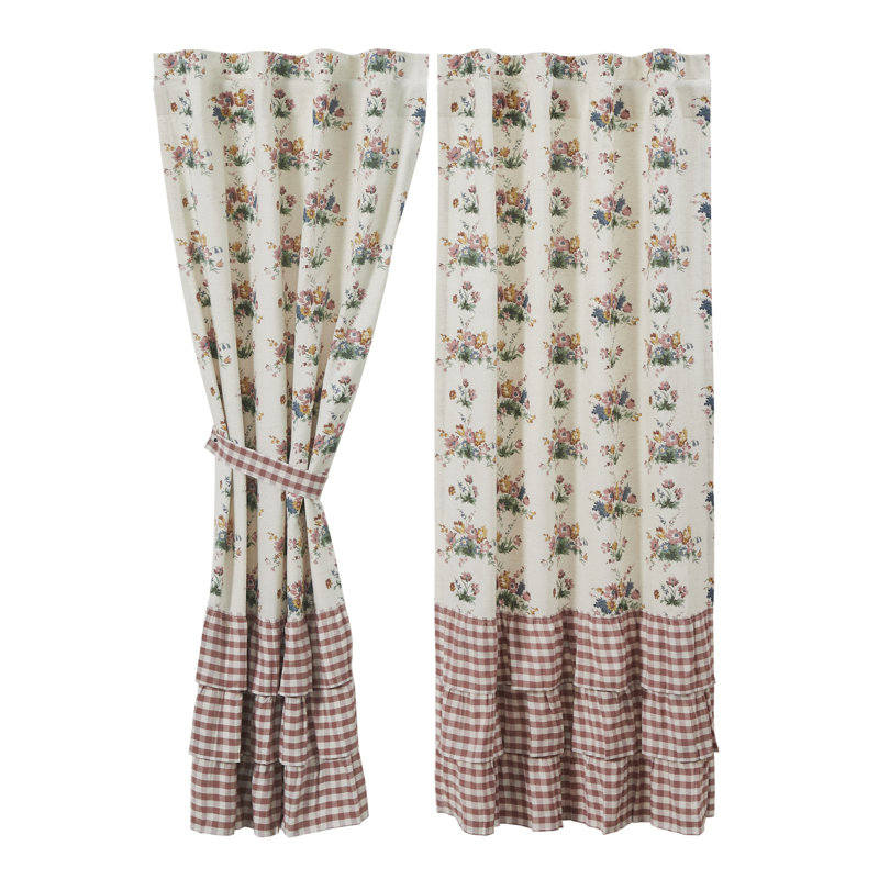 Rideaux courts à volants en coton Margaret à motifs floraux et vichy - 36 x 63 cm, couleur rose poudré et naturel