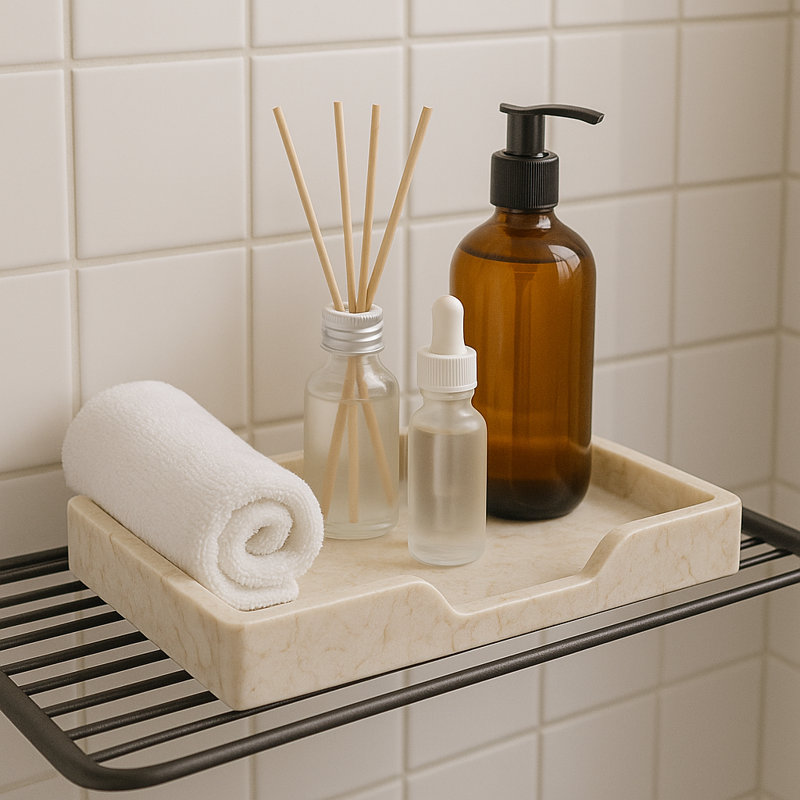 Natural Champagne Marble Scalloped Vanity Tray Bathroom Towel Tray Countertop Organizer