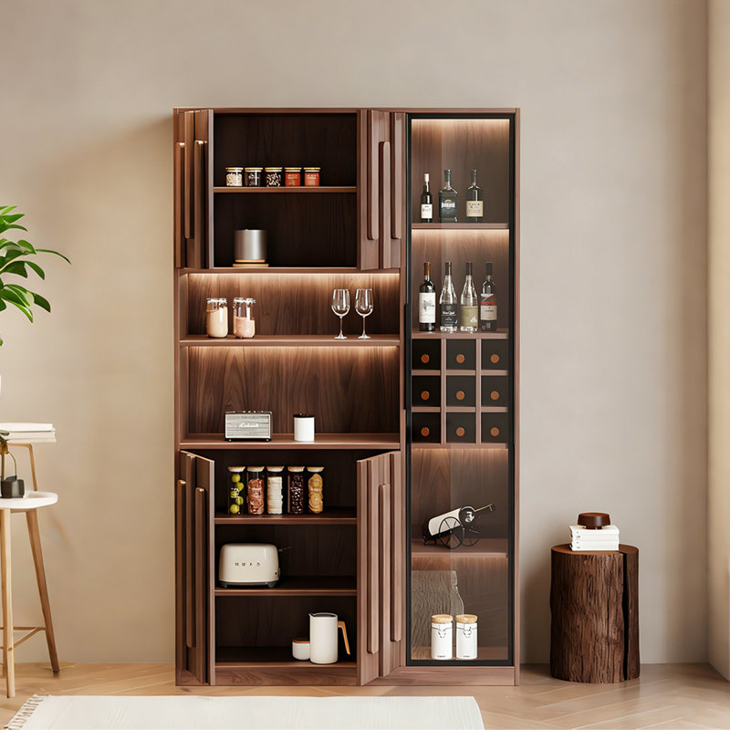 55.12" Walnut Finish Solid Wood Wine Cabinet, Luxury Glass-Door Display Storage Cabinet for Living Room