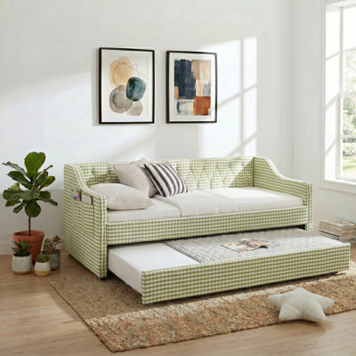 Upholstered Daybed with Pull-Out Trundle, Linen Fabric Day Bed with Tufted Backrest, Storage Pockets and Slat Support, No Box Spring Required