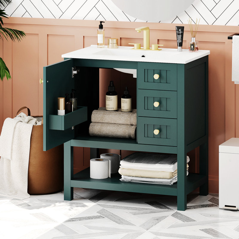 Meuble-lavabo de style transitionnel 30 po avec lavabo en céramique, Vert