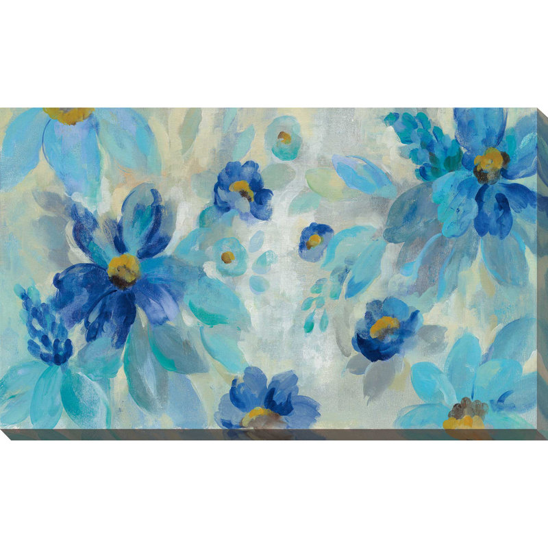 «Blue Flowers Whisper I», reproduction de peinture acrylique sur toile, H 18 po x l 30 po x P 1 po, Toile tendue
