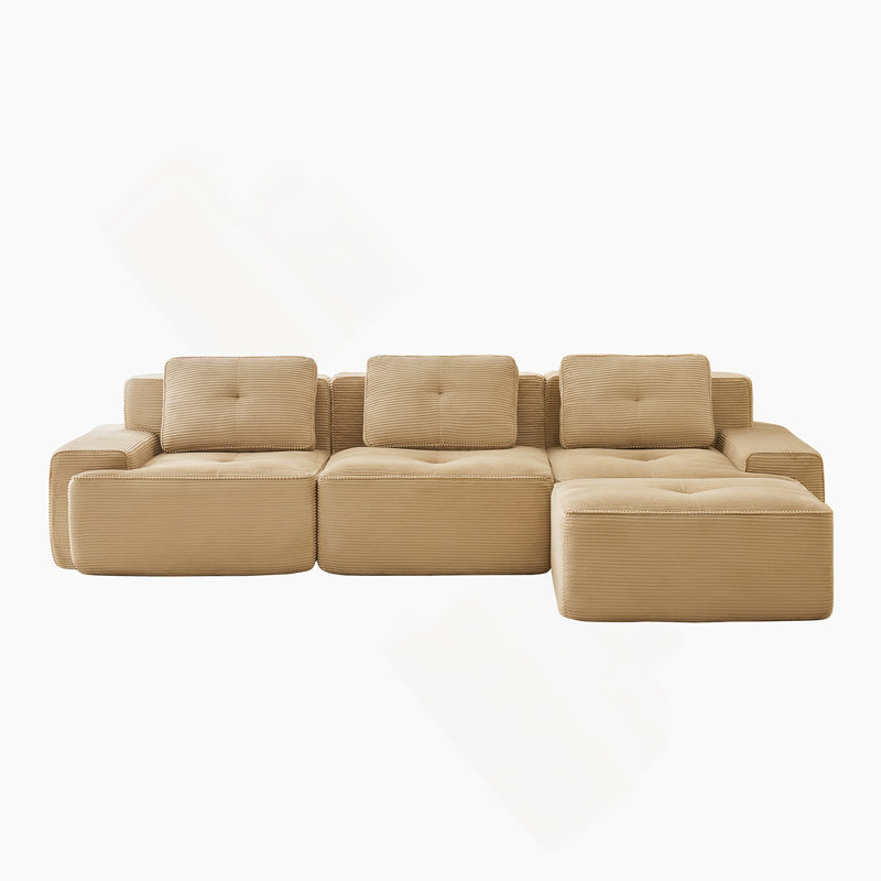 Canapé modulaire en forme de L de 117 pouces, tissu en velours côtelé, assise profonde, repose-pieds mobile, passepoil perlé, conception capitonnée, sans assemblage, base antidérapante