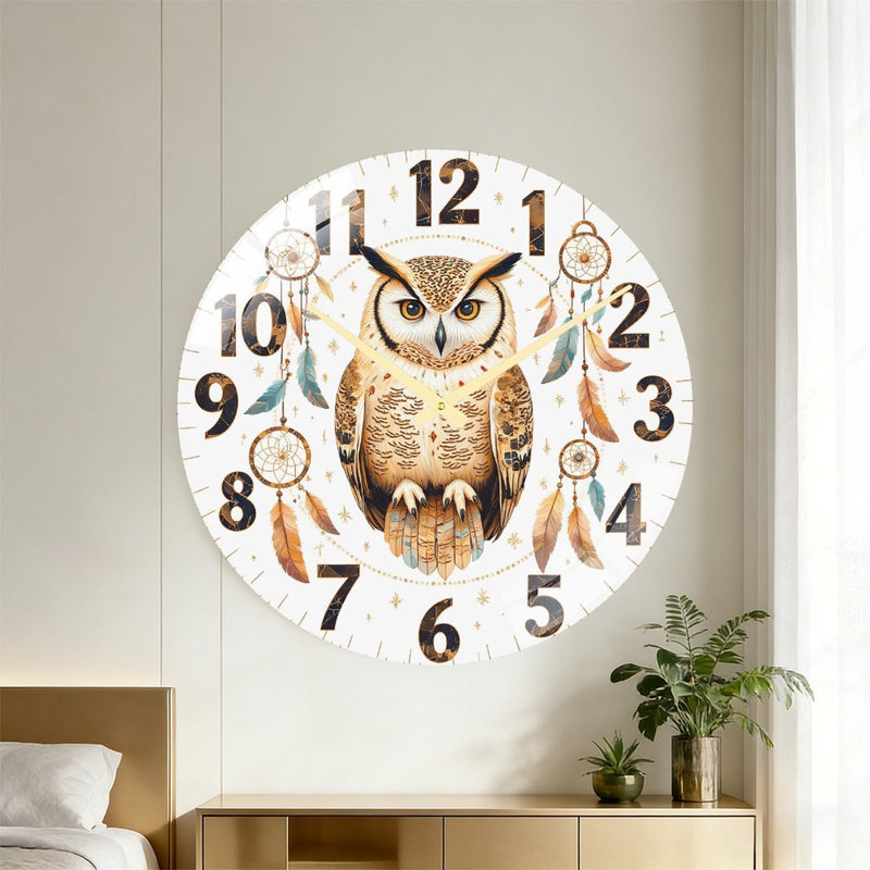 Owl Dreamcatcher Wall Clock Art - 24‘’ Modern Glass Wall Clock