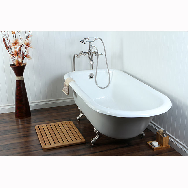 Kingston Brass Aqua Eden 67-Inch Cast Iron Oval Rectangular Roll Top Clawfoot Tub (No Faucet Drillings), White/Brushed Nickel