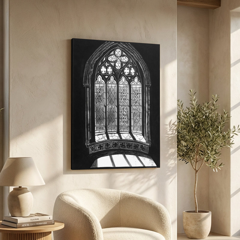 Toile gothique avec entrelacs complexes et motifs de losanges, art mural sur toile - Esquisse détaillée en noir et blanc. Peinture moderne, galerie profonde de 1 po, 24 po x 36 po