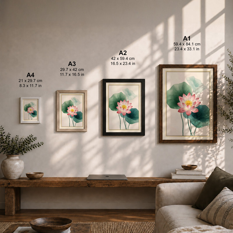 Lotus in Bloom Botanical - Framed Print, A1 - 84.1 x 59.4 cm, Oak