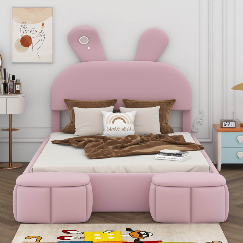 Lit plateforme tapissier pleine grandeur en velours avec tête de lit oreilles de lapin, lumière DEL et 2 tabourets de rangement
