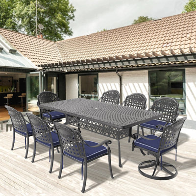 Ensemble de salle à manger 9 pièces en fonte d'aluminium toutes saisons comprenant 2 chaises pivotantes, 6 chaises et une table rectangulaire avec cadre noir