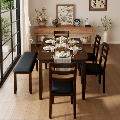 Solid Wood 6-piece Dining Table Set, Modern Dark Brown Finish With 4 Unupholstered Chairs And 1 Black Bench For Kitchen And Dining Room