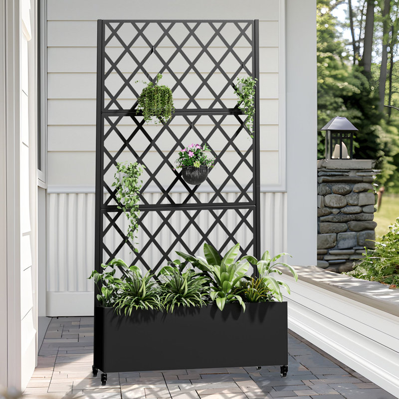 Boîte à fleurs en métal avec treillis et roues, Noir, H 71 po x l 35 po x P 16 po