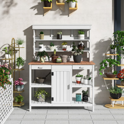 Table de rempotage en bois 66 po pour l'extérieur, poste de travail de jardin avec tablettes ouvertes à 4 niveaux, 2 tiroirs, armoire centrale avec tablette amovible, dispositif de sécurité anti-chute, facile à assembler