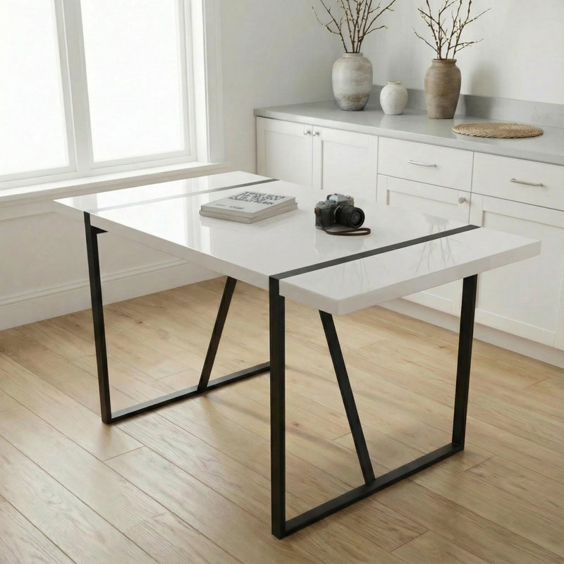 Table de salle à manger rectangulaire moderne industrielle de 55 pouces avec pieds en métal noir, Blanc