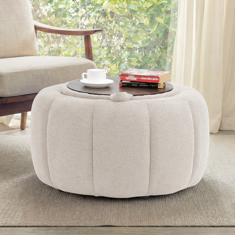 Repose-pieds rond avec rangement 27,5 po,  Chenille - avoine