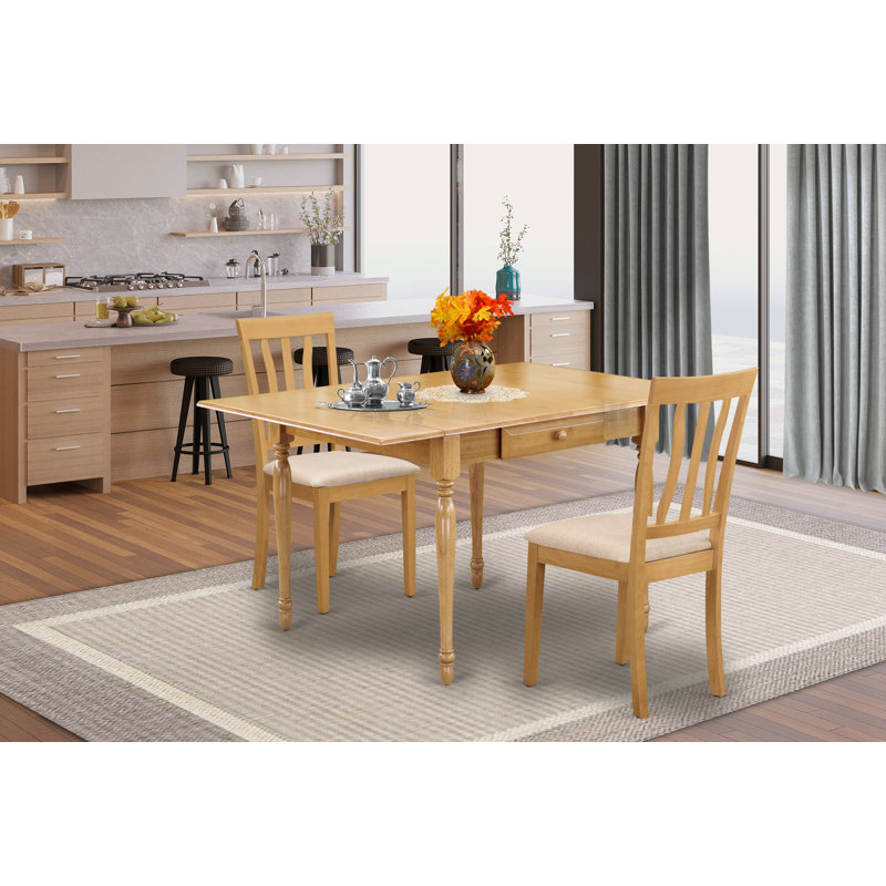 3 Piece Dining Room Table Set Contains a Rectangle Kitchen Table with Dropleaf and 2 Linen Fabric Dining Chairs, Oak