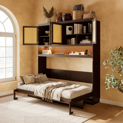 Twin Size Murphy Bed With Top Cabinet,Space Saving Foldable Bed With Light & USB