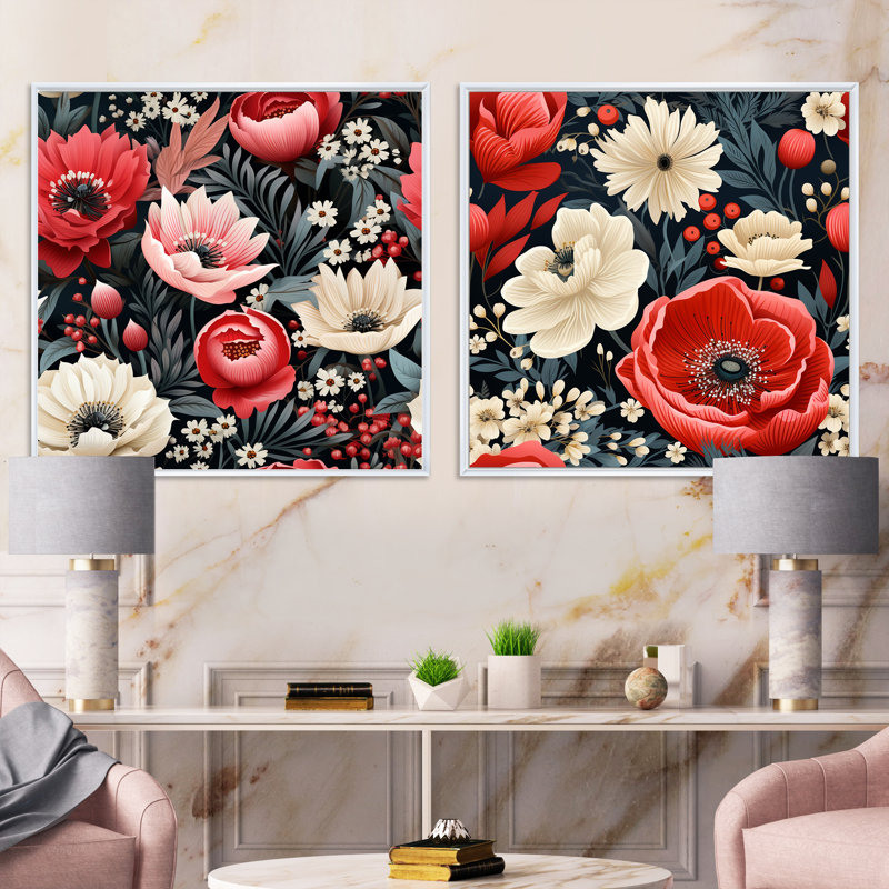 Cadwell - Ensemble de 2 collages carrés floraux, Cadre flottant blanc, H 30 po x l 61 po