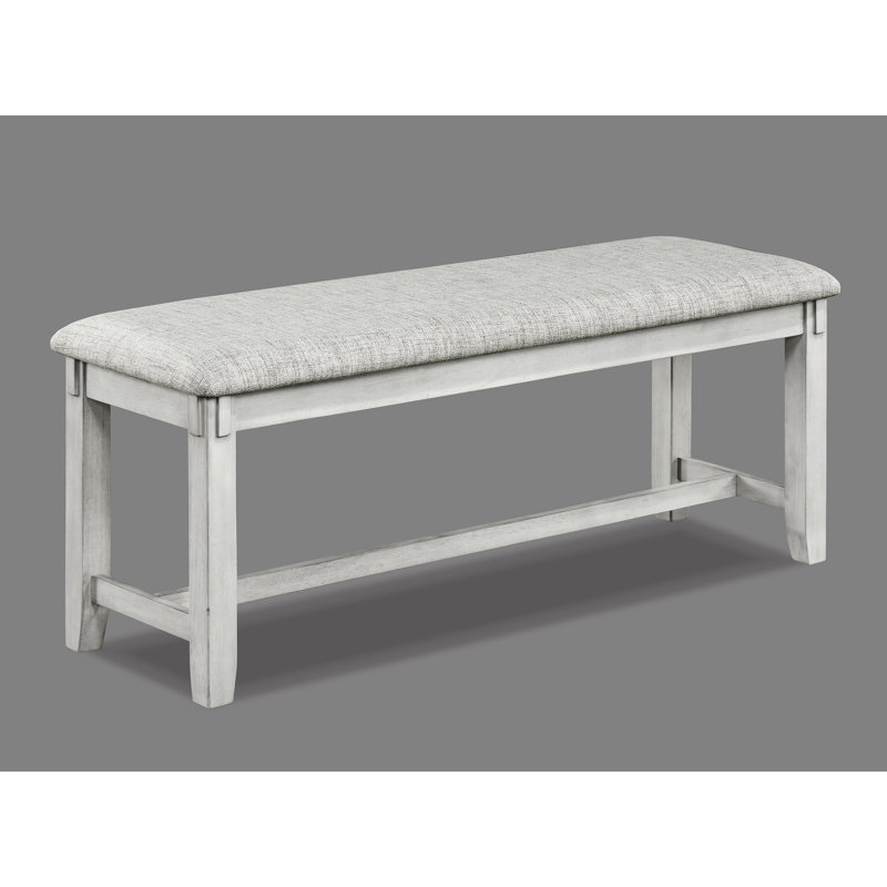 Banc blanc antique et gris avec finition en bois de grève et siège en tissu confortable pour les repas avec pieds en tissu d'ameublement gris de style contemporain
