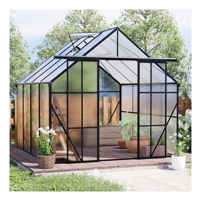 8X8 FT Double Door Polycarbonate Greenhouse Raised Base And Anchor Aluminum Heavy Duty Walk-In Greenhouses For Outdoor Backyard In All Season,Black