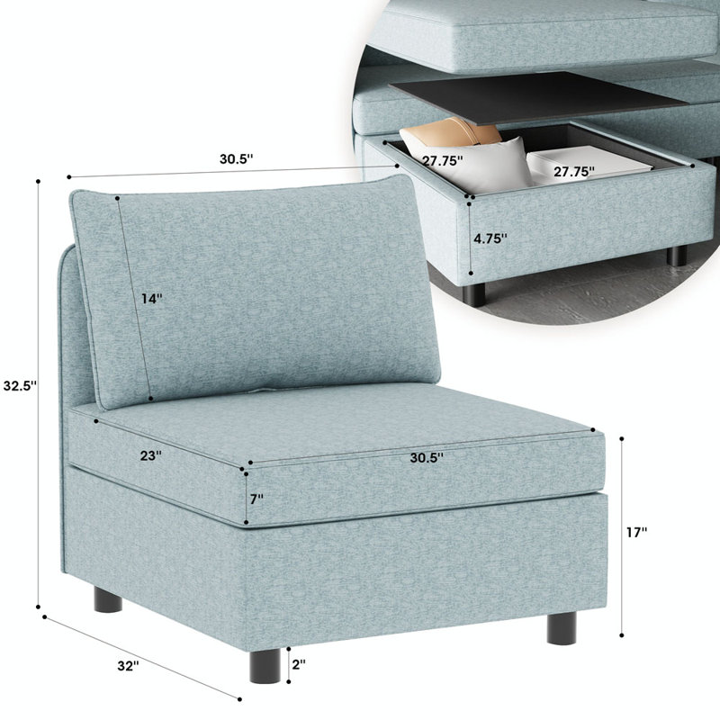 Siège sans accoudoirs pour canapé modulaire modulaire, Bleu antique