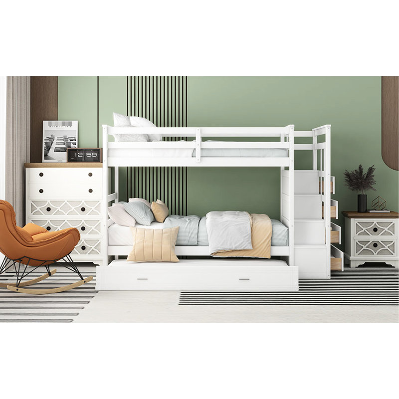 Twin Over Bunk Bed With Trundle And Build - Provide A Long-Lasting Solution In White Safe Staircase Crafted From Solid Wood