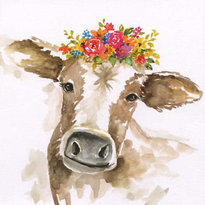 Floral Crown Watercolor Cow Canvas Wall Art - 24" x 24"