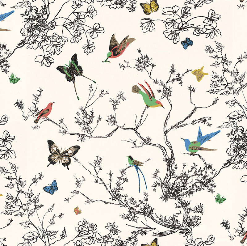 Birds & Butterflies Wallpaper, Multi on White