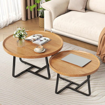 Nesting Coffee Table Set of 2, Durable Mid Century Small Round Coffee Tables for Living Room, Industrial End Table Side Tables for Living Room Bedroom Balcony Yard