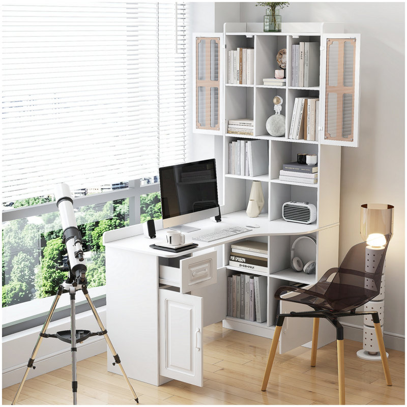 Bureau d'ordinateur de coin en L avec tiroirs, bibliothèque et huche, conception 2 en 1 pour le bureau à domicile ou le bureau, grand espace de travail, blanc