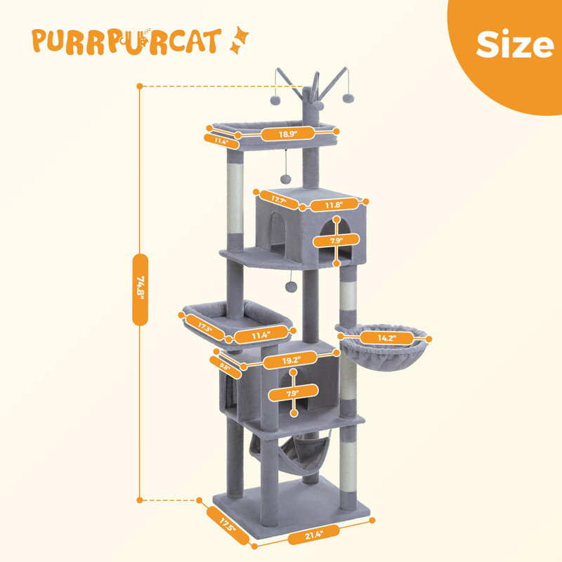 Arbre à chat 75 po avec grand appartement, poteaux à griffer en sisal, hamac et perchoir