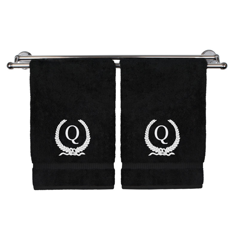 Essuie-mains monogramme - ensemble de 2 - lettre de conception de couronne, Noir / blanc, Q