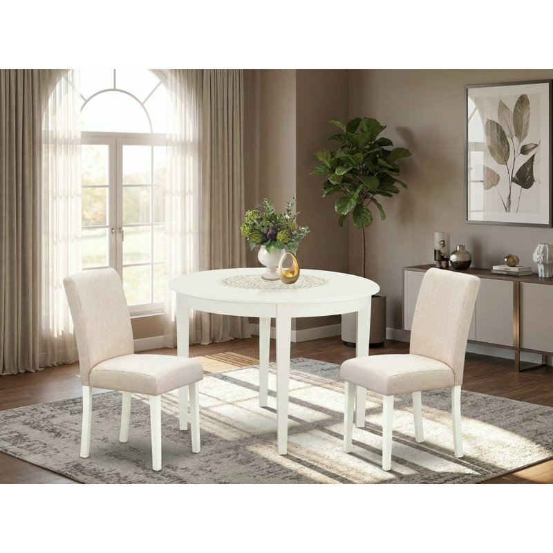 3 Piece Kitchen Table Set for Small Spaces Contains a Round Dining Room Table and 2 Light Beige Linen Fabric Upholstered Chairs, 42x42 Inch, Linen White