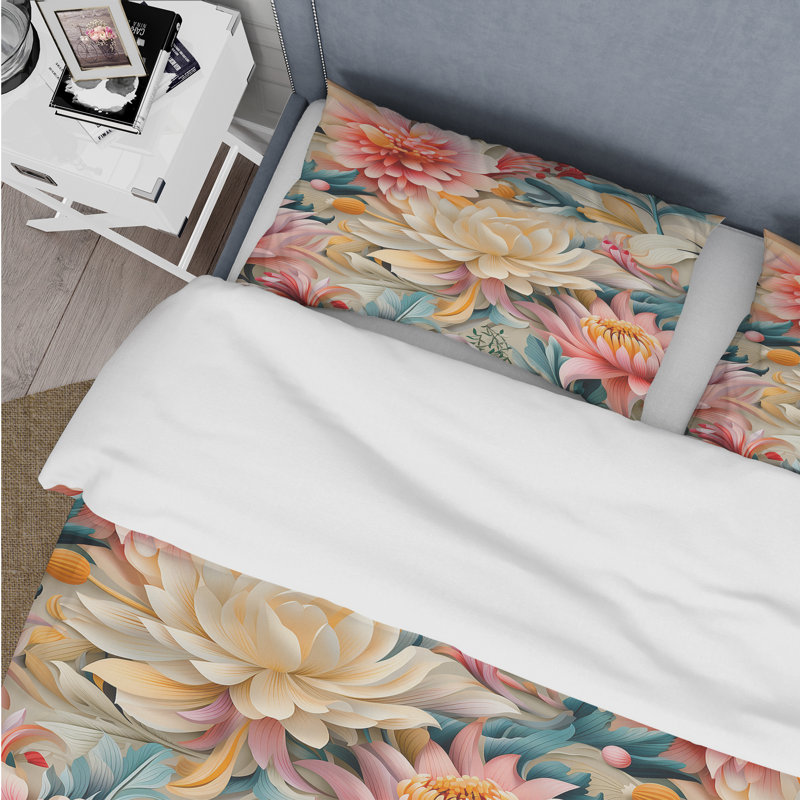 Ensemble de housse de couette beige et rose Poppies Expression I, Housse de couette simple + 1 taie décorative stan
