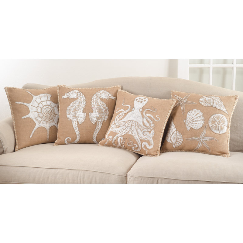 Natural Beige Jute Octopus Throw Pillow with White Print