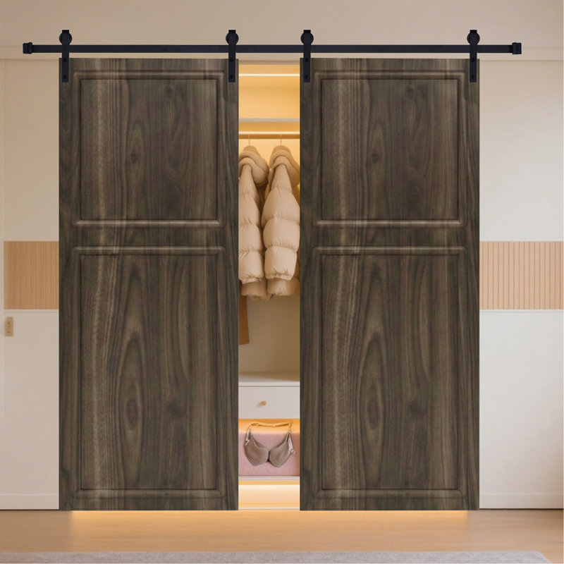18 Series 60 po x 80 po Porte de grange coulissante en panneaux de fibres à densité moyenne à finition noyer de 3/4 panneau de 3/4 po d'épaisseur avec quincaillerie