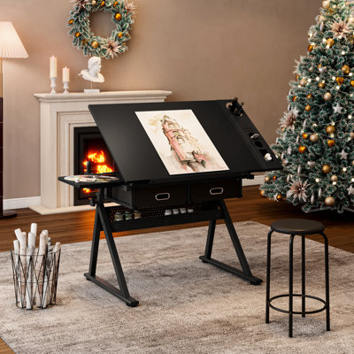 Home Office And Drafting Table, Adjustable Tilt 0 - 75, 2 Non Woven Drawers, Metal Storage Strips On Side, Table Legs, Stool With 150kg Bearing, Heigh