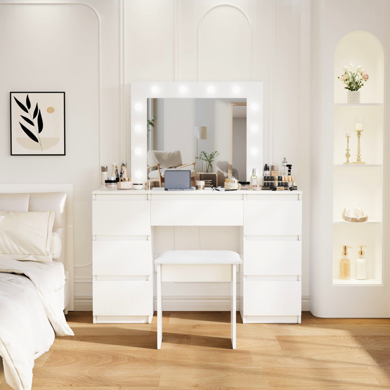 Coiffeuse blanc mat avec lumières et miroir