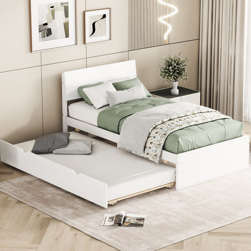 Elegant Twin Bed With Creamy White Trundle And High Gloss Headboard For Bedroom Sophistication Finish Comfort, White