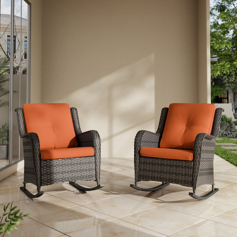 Outdoor Pe Wicker Rocking Chair - All-Weather Patio Furniture With Alloy Steel Frame & Thick Removable Cushion, Orange