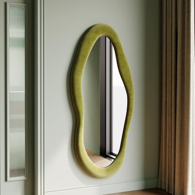 55" X 24" Wavy Mirror, Flannel Wrapped Wooden Frame, Irregular Hanging For Cloakroom/Bedroom/Living Room, Green