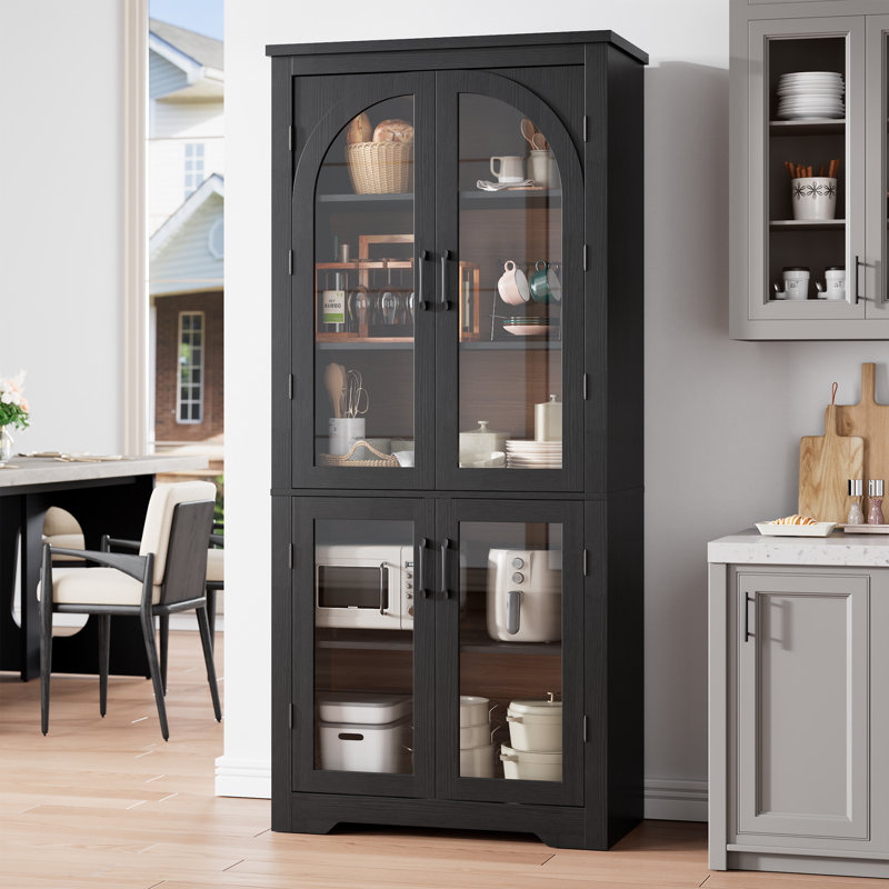 70 po - Armoire de rangement pour garde-manger 70 po - Rangement moderne avec 4 portes arquées en verre et tablettes réglables, organisateurs de placard polyvalents pour la cuisine, la salle à manger, le salon, noir