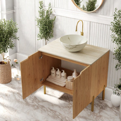 Élégante coiffeuse de 30 po avec rangement, meuble-lavabo grain de bois et évier en pierre frittée