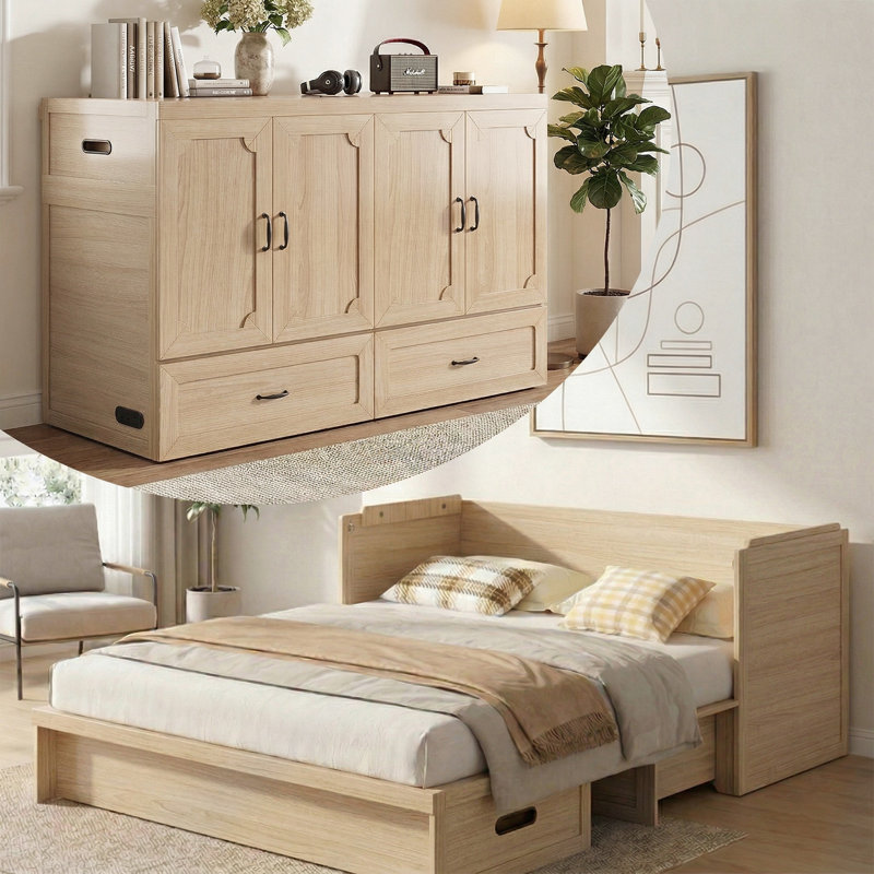 Queen Murphy Bed Cabinet With Charging Station -1200lbs Capacity, Extra Storage & Usb Ports, Natural