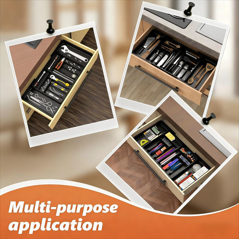 Utensil Organizer For Kitchen Drawer, Expandable Cooking Silverware Tray,Large Silverware Drawer Organizer,Plastic Spatula Tools Storage Divider, 21.6-38", Black