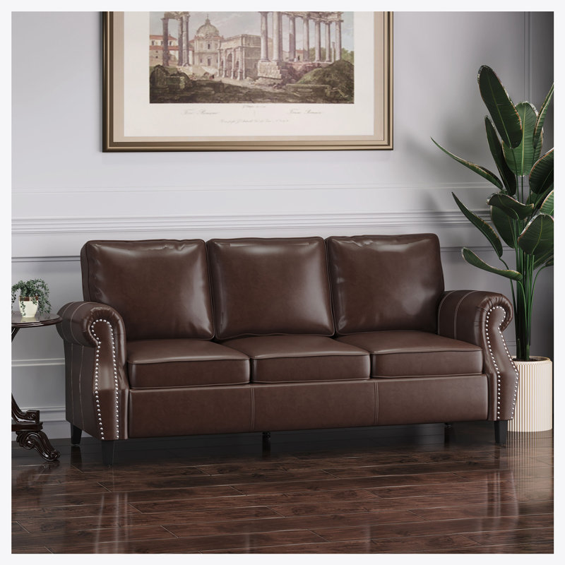 Coryon 3 Seater Sofa with Nailhead Trim, Accent Sofa, Brown Faux Leather