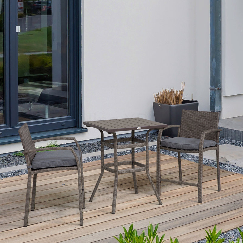 Bar Set Wicker 3-Pieces Rattan With Wood Grain Top Table And 2 Bar Stools For Outdoor, Patio Poolside Garden Grey, Gray