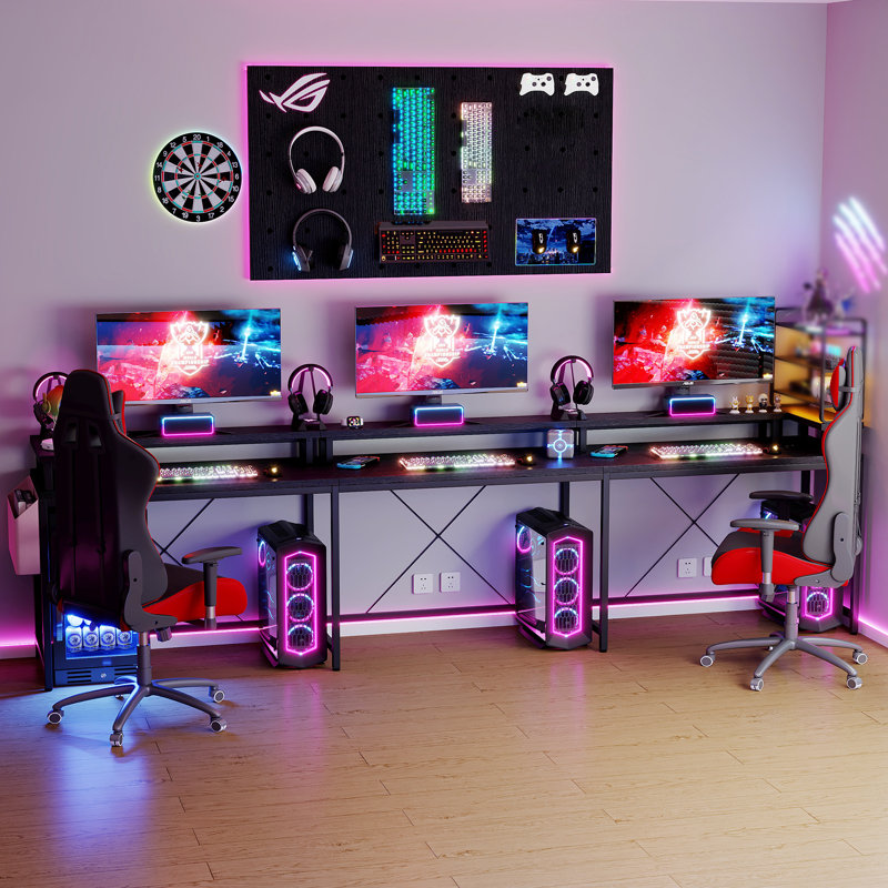 79" Reversible U Shaped Large Computer Desk LED Gaming Desk with Power Outlets and Monitor Stand, Black