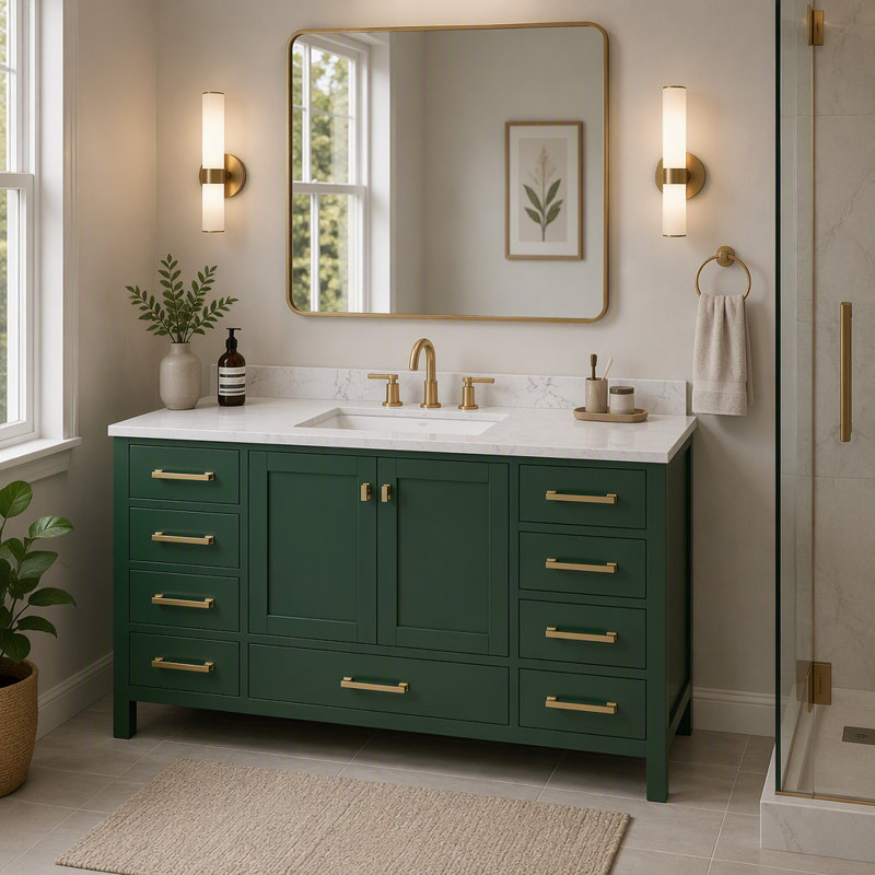 Meuble-lavabo autoportant de 122 cm avec comptoir, structure en bois massif, vert