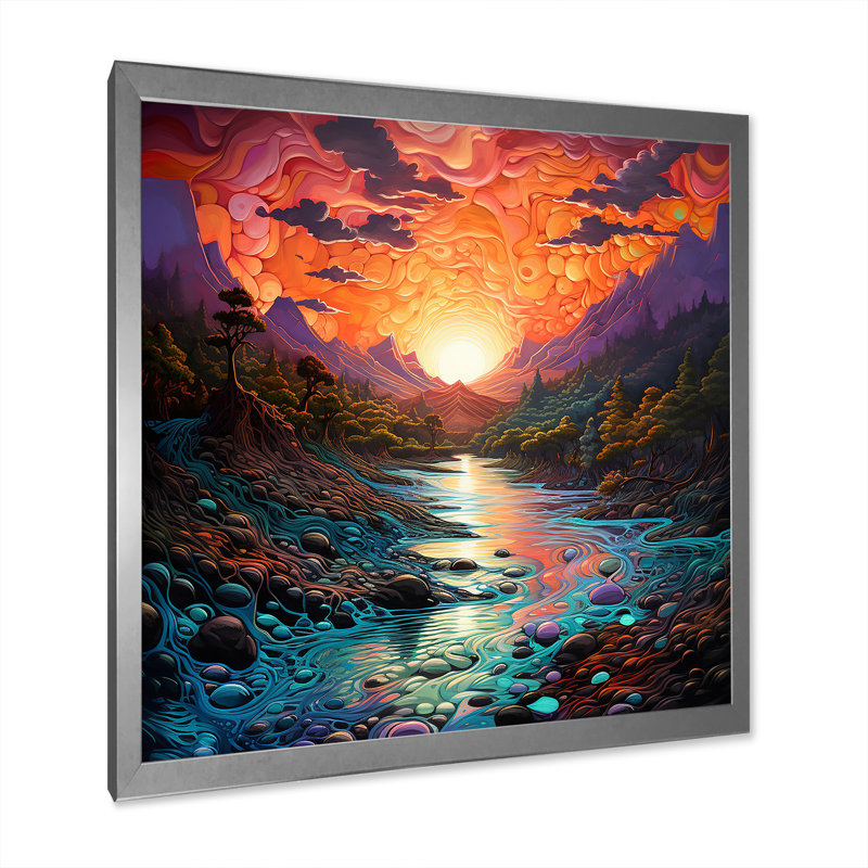 Coucher de soleil sur une rivière de montagne sur toile, Cadre simple argenté, H 24 po x l 24 po x P 1 po